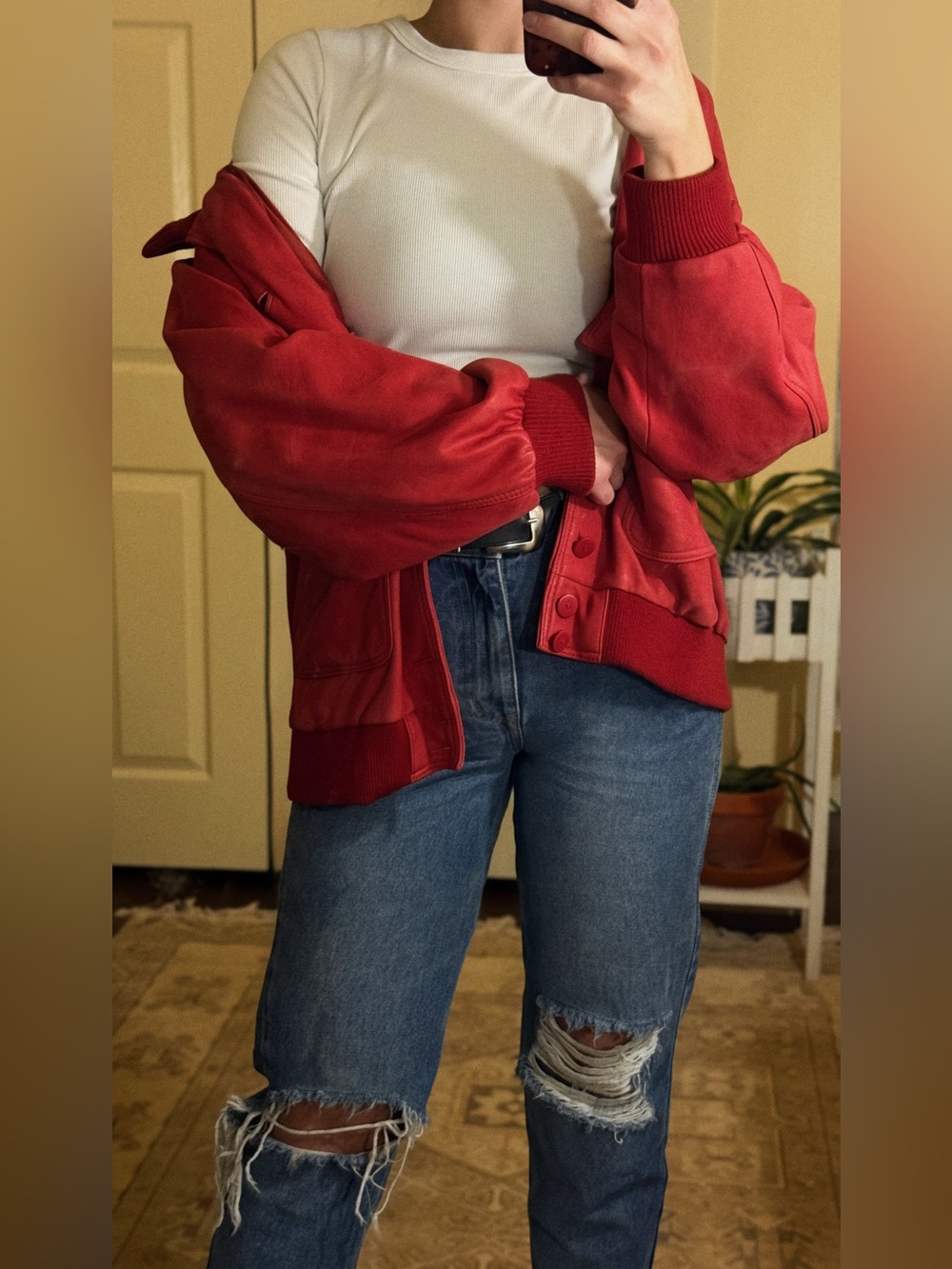 Vintage Genuine Leather Red Bomber Jacket Oversized